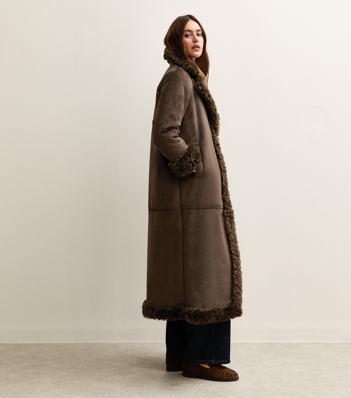 New Look Women's Brown Bonded Faux Fur Trimmed Faux Suede Coat New Look - 3