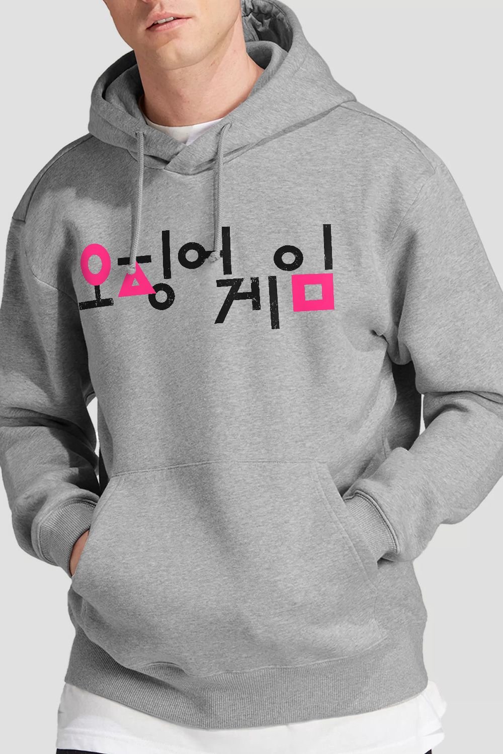 Netflix Netflix Men's Squid Game Korean Logo Black & Pink Hoodie, Athletic Heather in Light Grey - 2