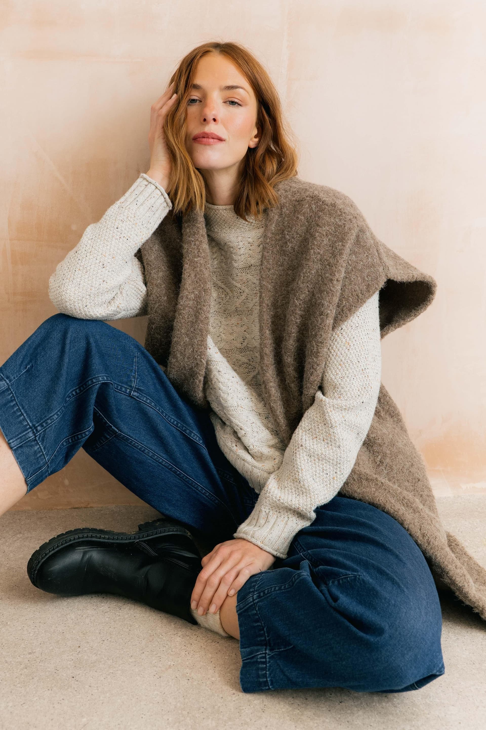 Lily & Me Lily & Me Women's Cotswold Textured Boucle Beautifully Soft Sleeveless Cardigan in Brown