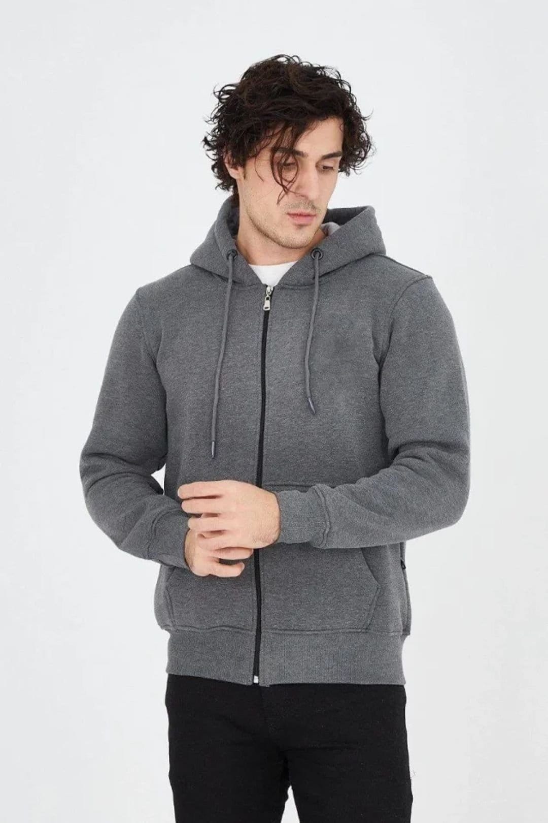 Janes Janes Men's Hooded Ribbed Knit Zipper Cardigan with Pockets in Dark Grey - 4