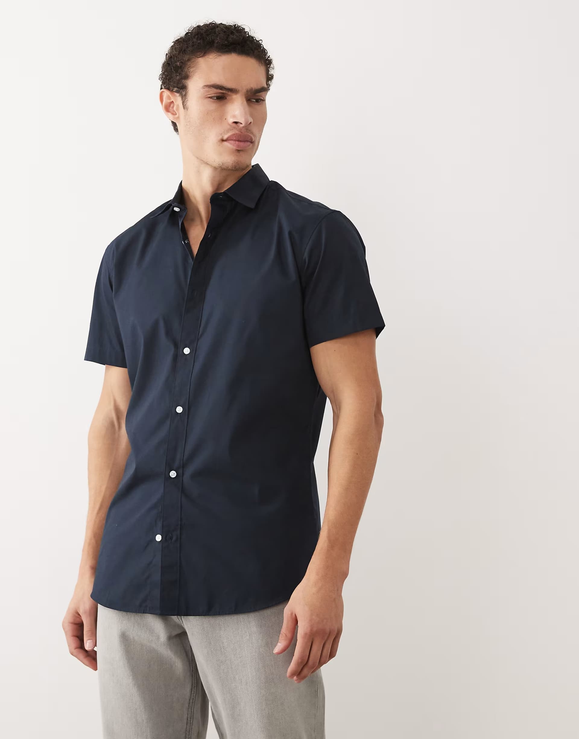 ASOS Jack & Jones Navy Poplin Short Sleeve Shirt