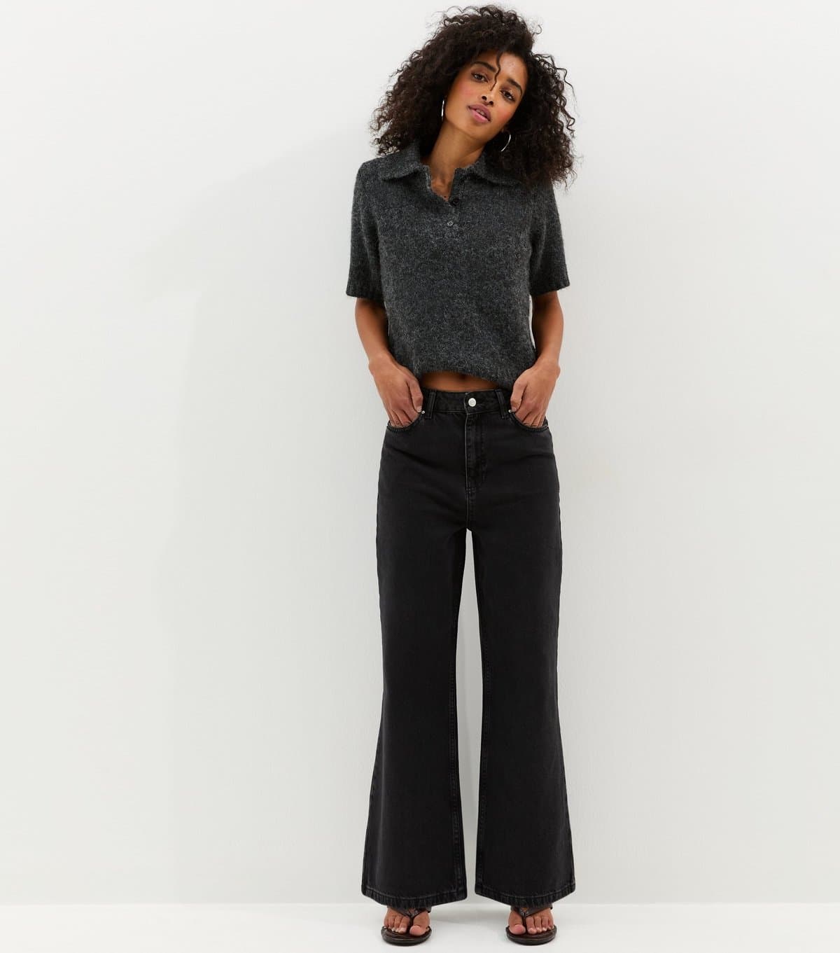 New Look Women's Washed Black Adalae High-Waist Wide Leg Jeans New Look
