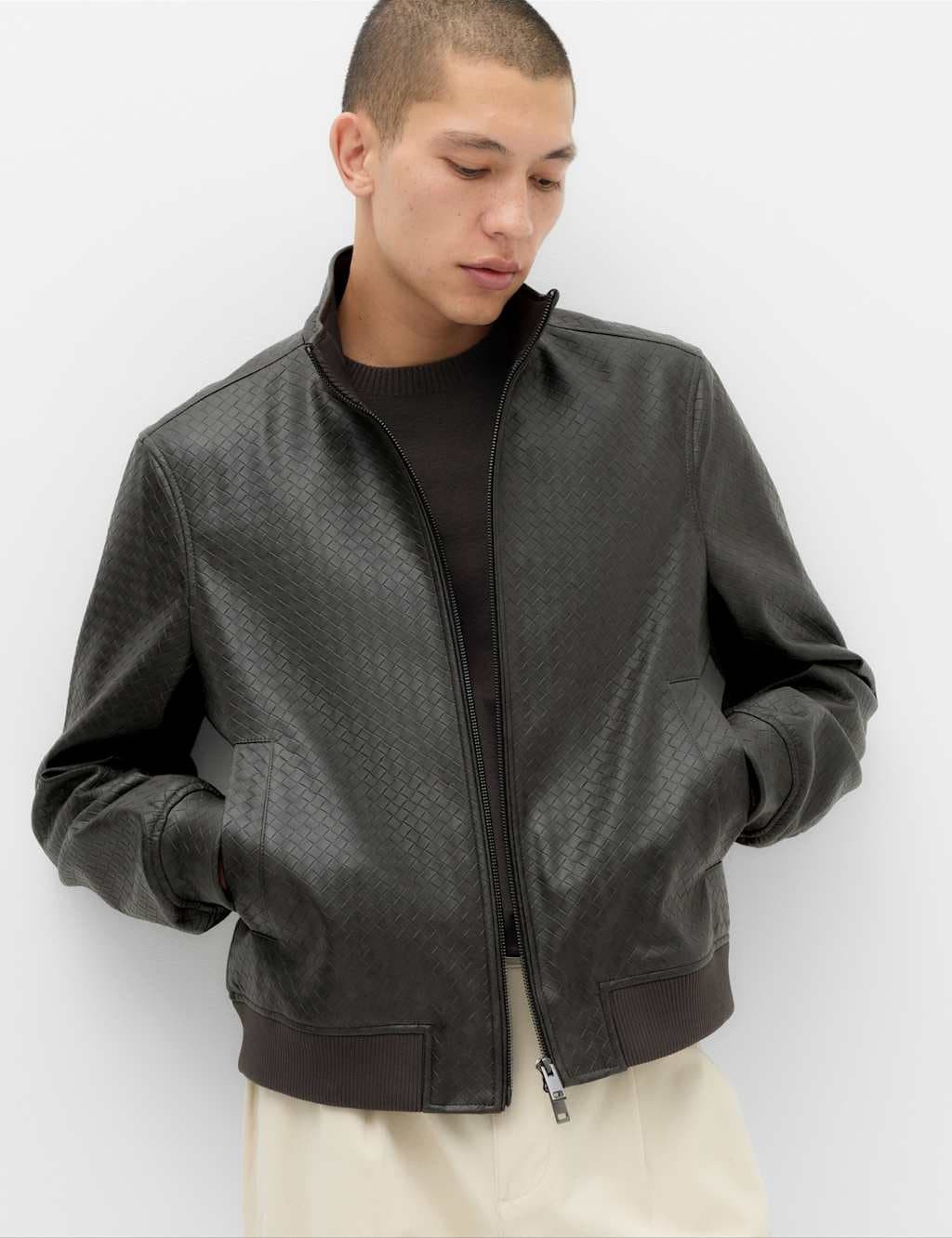 Marks & Spencer M&S Faux Leather Textured Funnel Neck Jacket Dark Grey