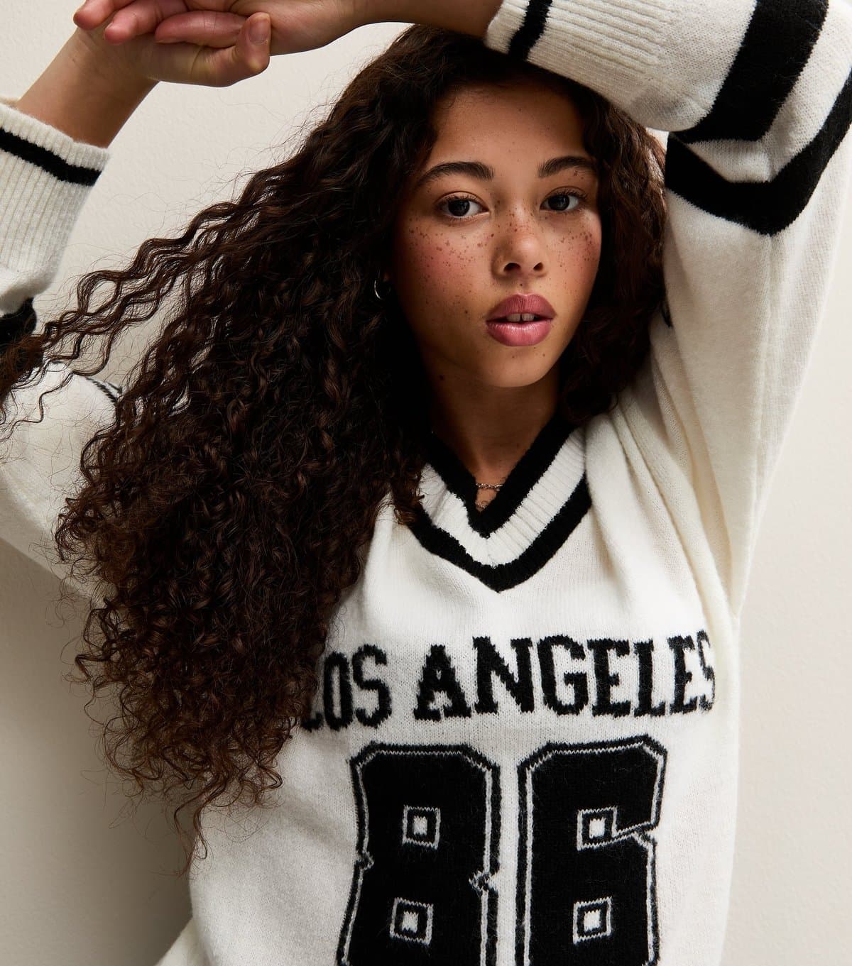 New Look Girls' Cream Los Angeles 86 V Neck Football Knit Jumper New Look