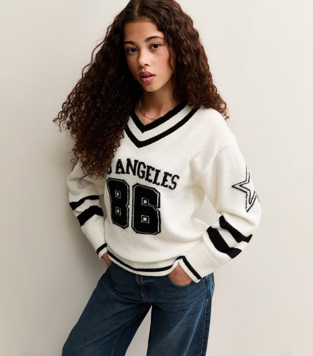 New Look Girls' Cream Los Angeles 86 V Neck Football Knit Jumper New Look - 2