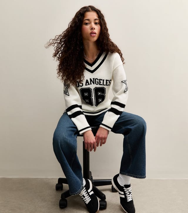 New Look Girls' Cream Los Angeles 86 V Neck Football Knit Jumper New Look - 3