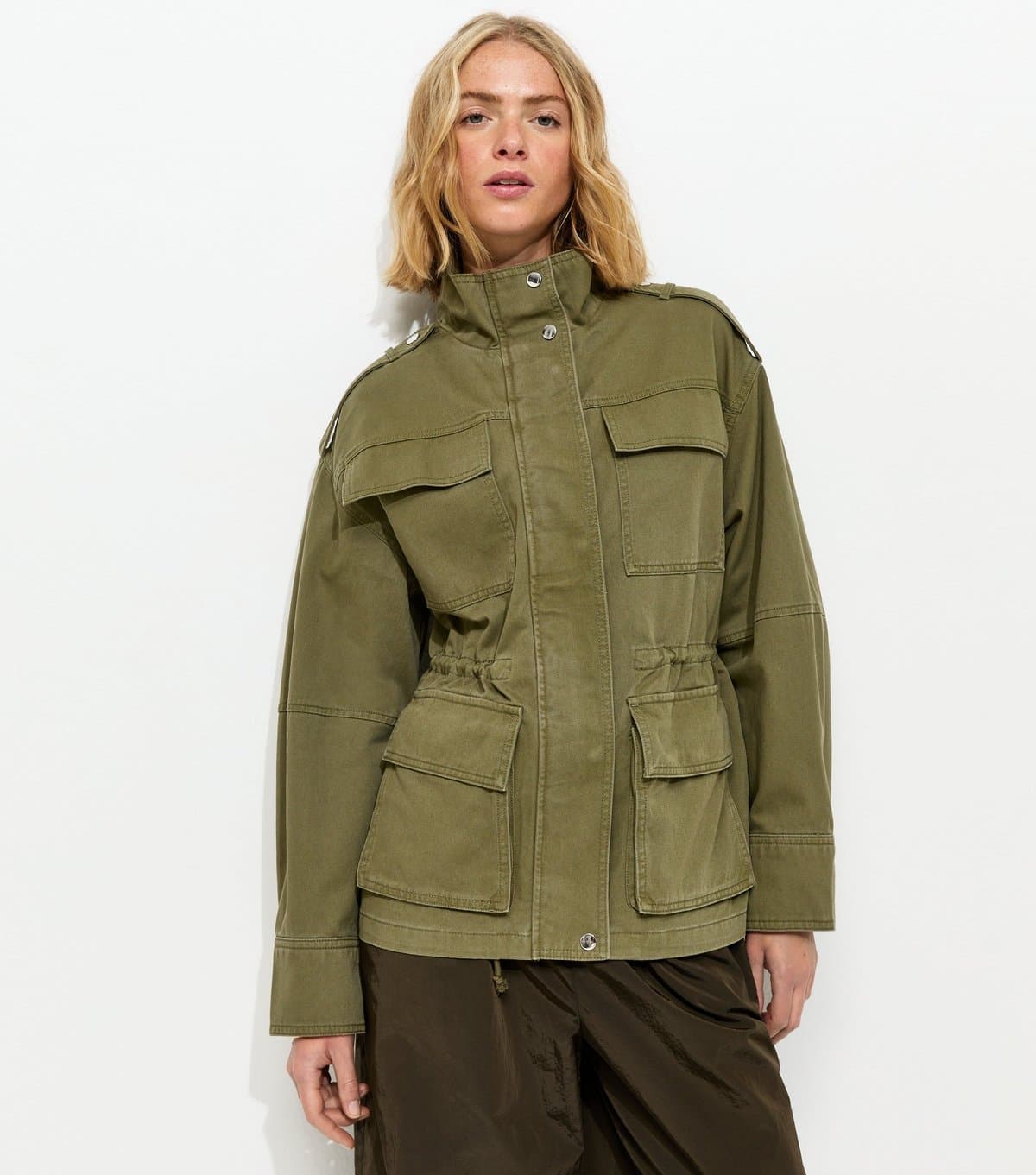 New Look New Look Khaki Cotton Twill High Neck Shacket
