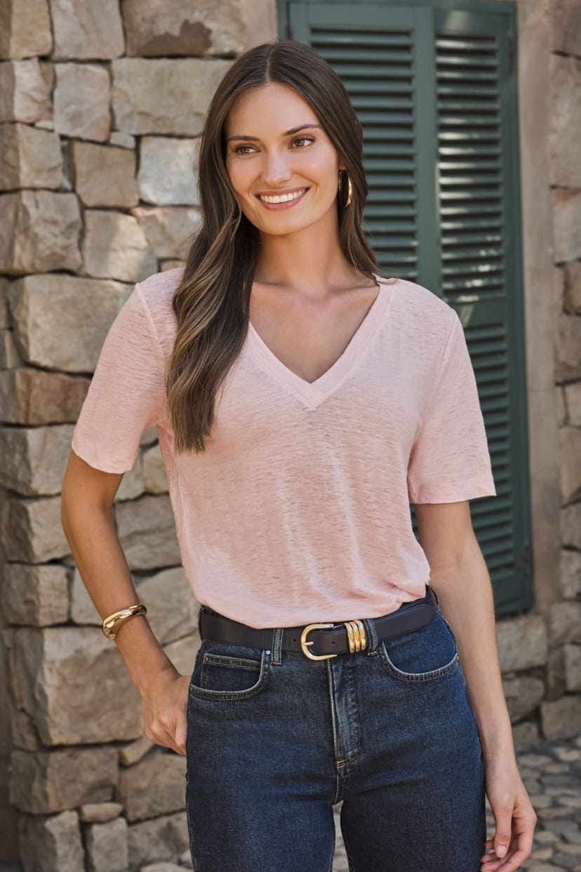 Pure Collection Pure Collection Women's Linen Short Sleeve V Neck T-Shirt in Pale Pink - 1