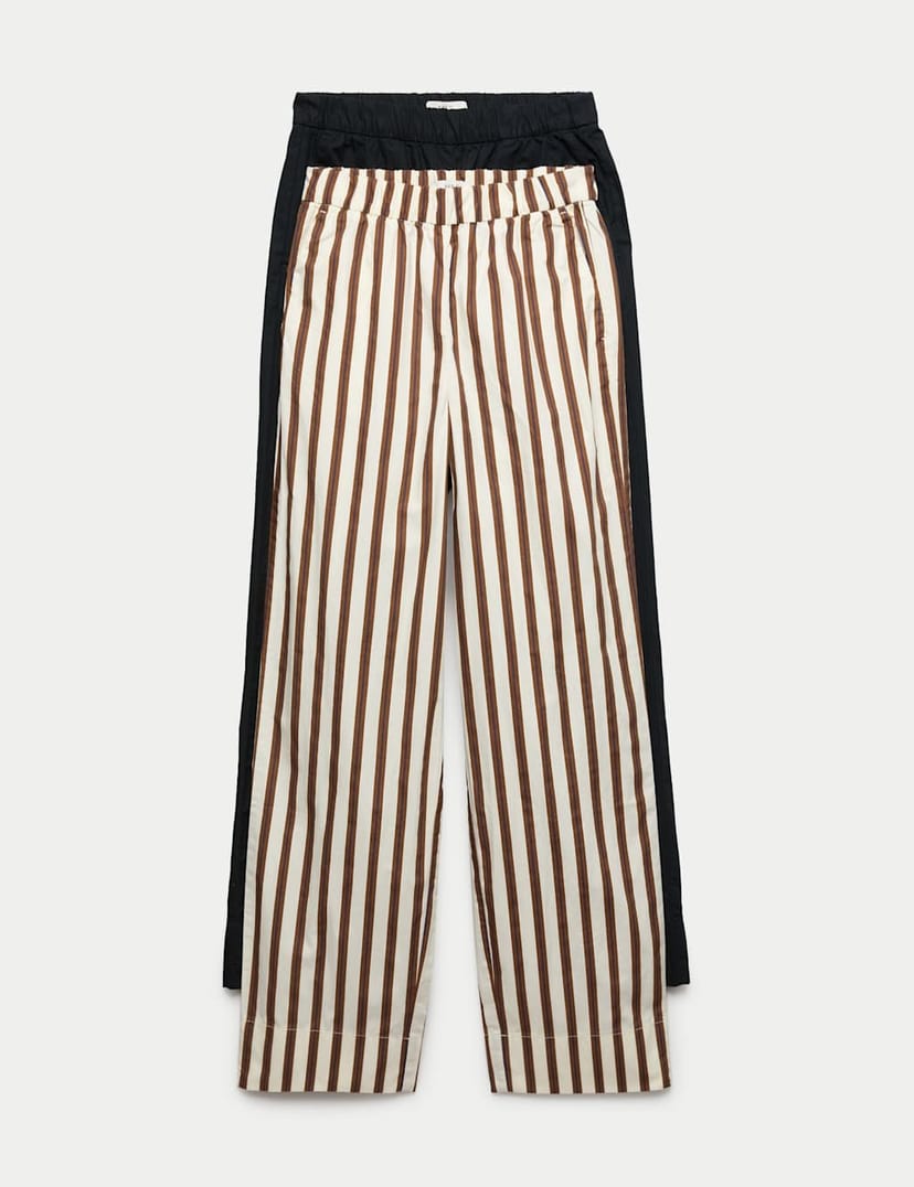 Marks & Spencer M&S 2 Pack Pure Cotton Poplin Straight Leg Trousers Black - 1