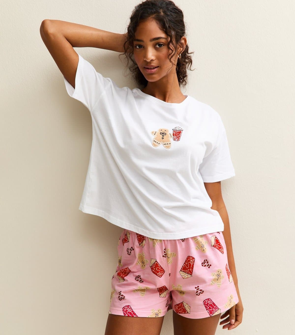 New Look Women's Pink Christmas Gingerbread Coffee Short Sleeve Top and Shorts Pyjama Set New Look