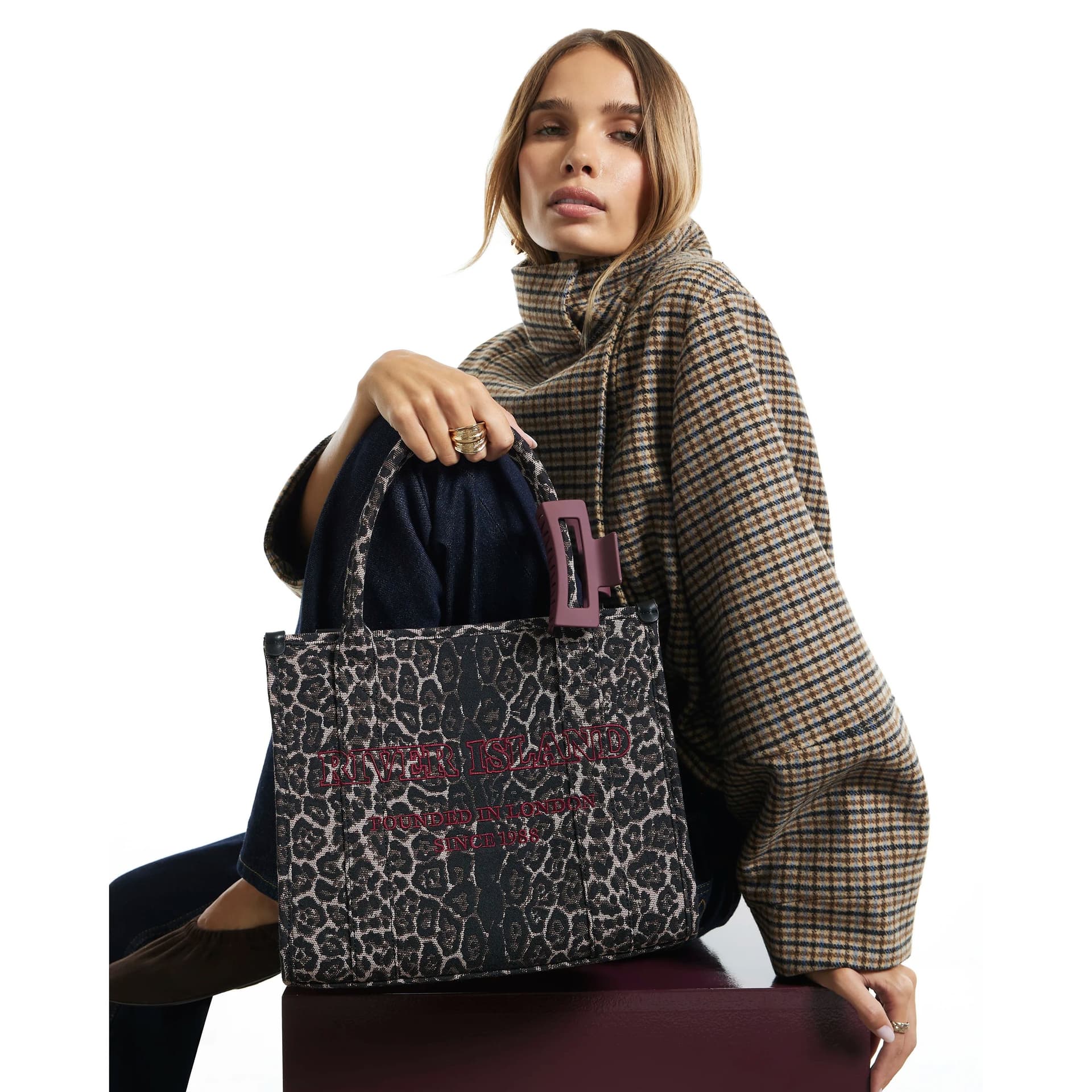 River Island River Island Womens Brown Leopard Print Embroidered Tote Bag