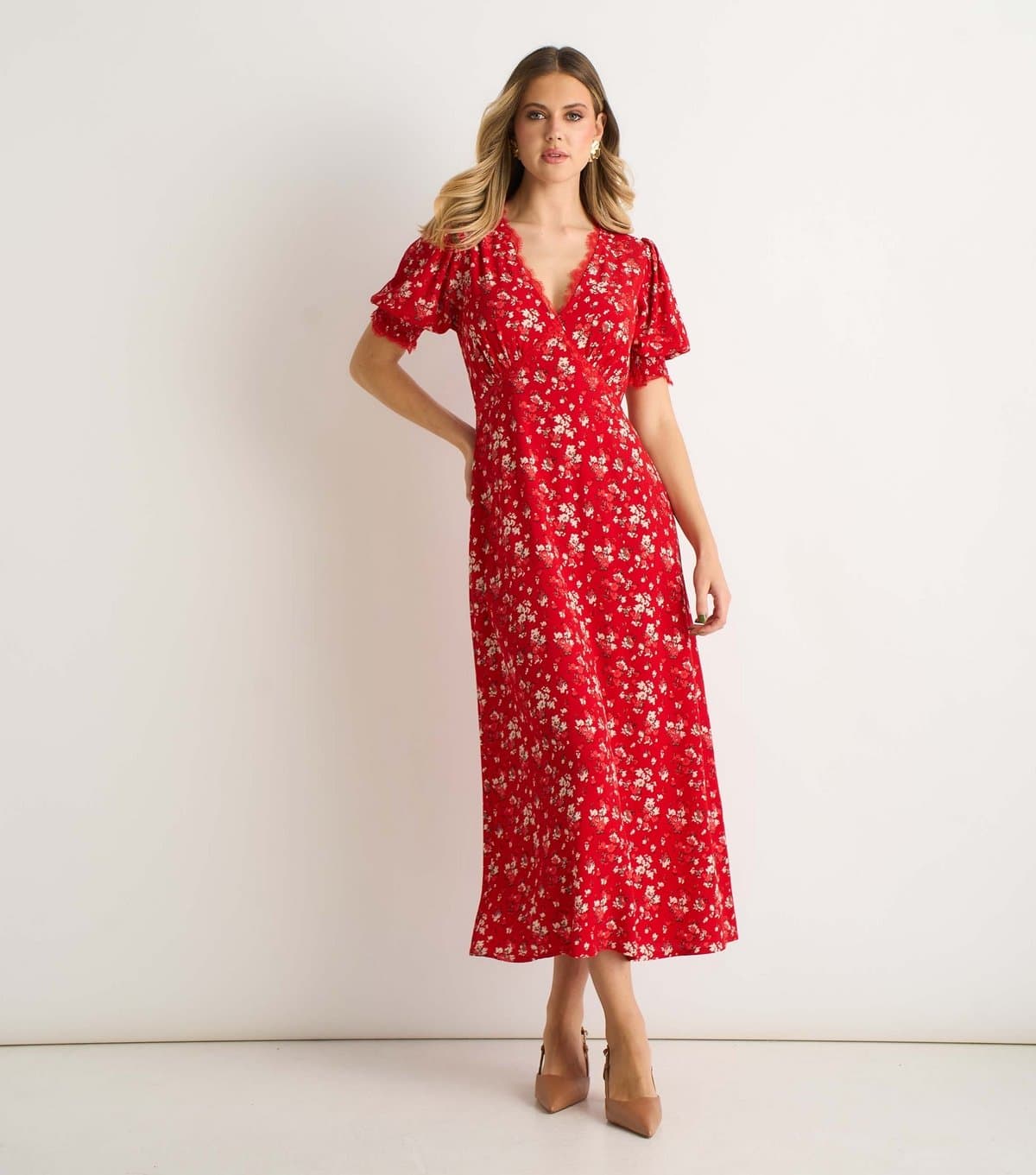 Gini London Women's Red Lace Trim Midi Dress Gini London New Look