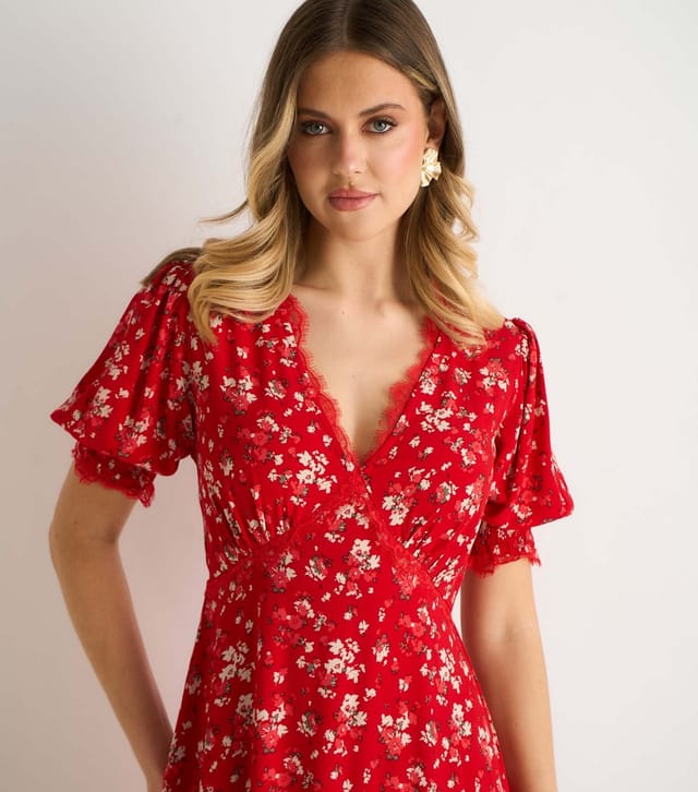 Gini London Women's Red Lace Trim Midi Dress Gini London New Look - 2