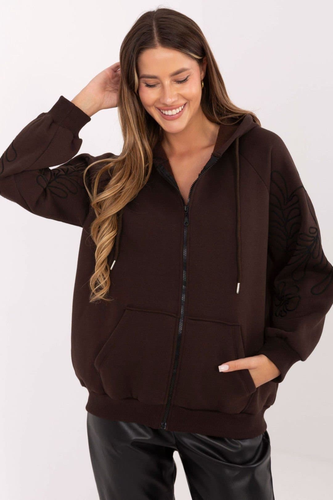 Love Lace Love Lace Women's Embroidered Zip Cotton Hoodie with Pockets in Brown