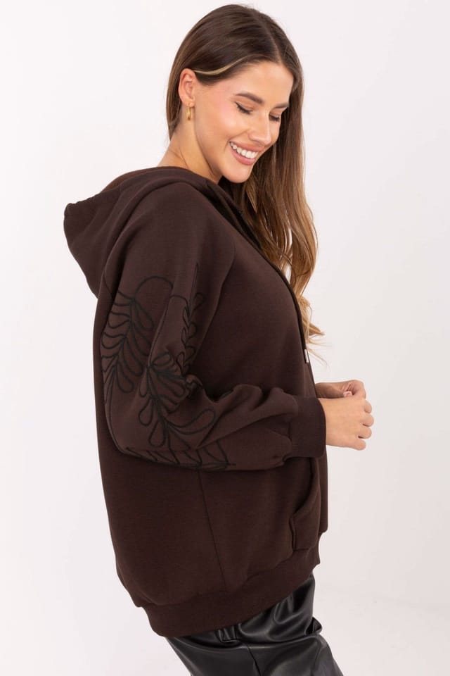 Love Lace Love Lace Women's Embroidered Zip Cotton Hoodie with Pockets in Brown - 2