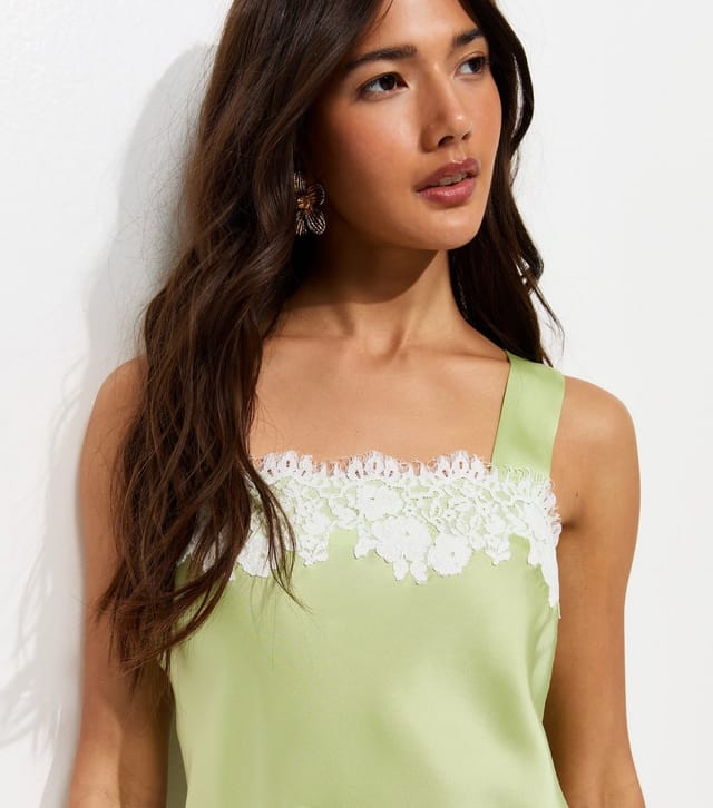 New Look Women's Light Green Satin Lace Trim Mini Dress New Look - 2