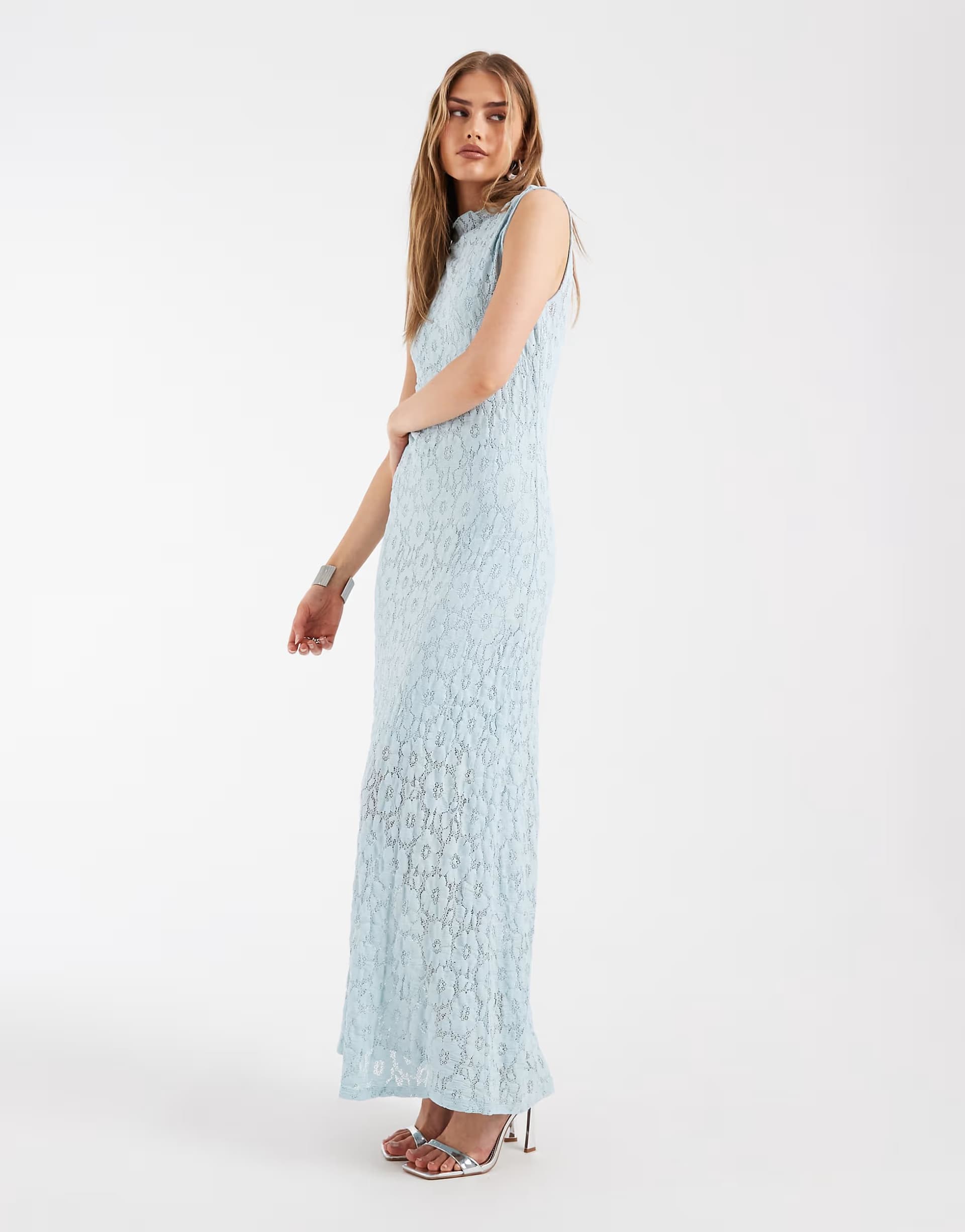 ASOS Object all over floral lace high neck sleeveless maxi dress in soft blue