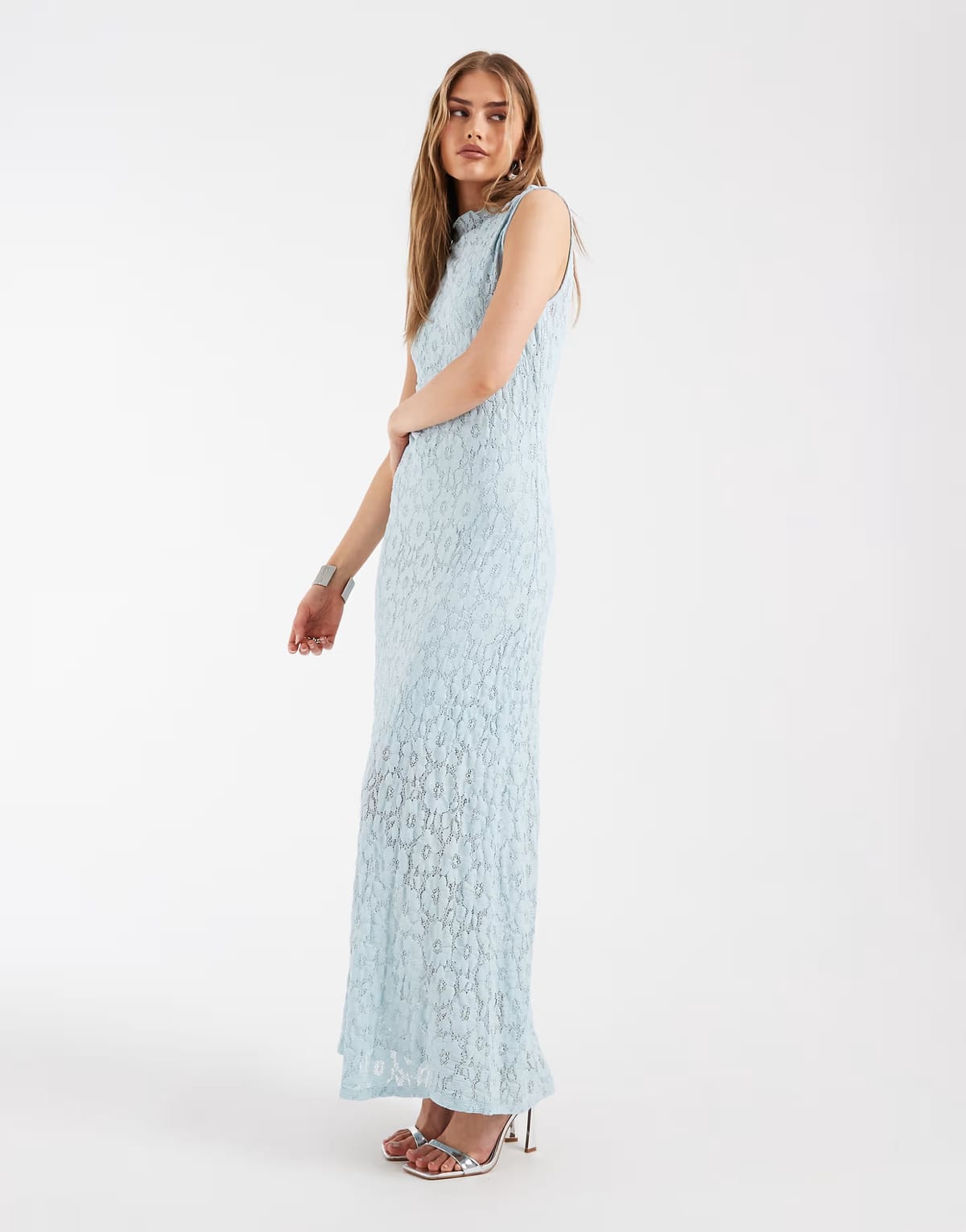 ASOS Object all over floral lace high neck sleeveless maxi dress in soft blue - 1