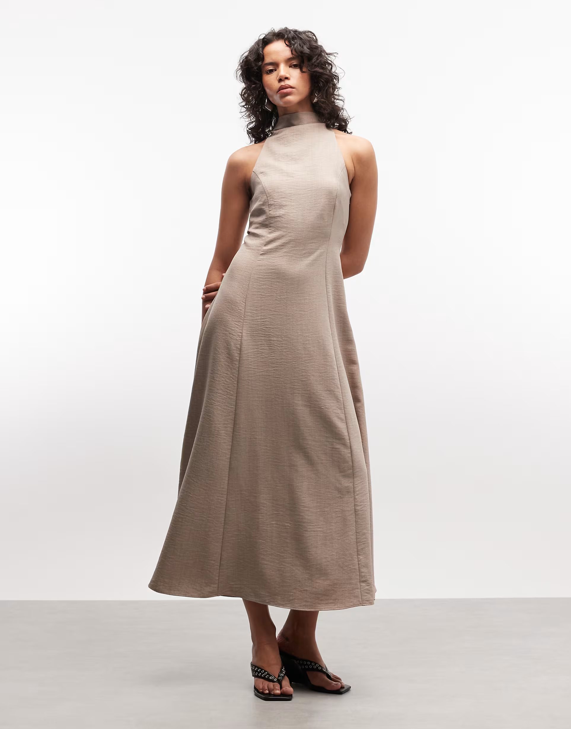 ASOS ASOS DESIGN high neck sleeveless swing linen look maxi dress in oat - 1