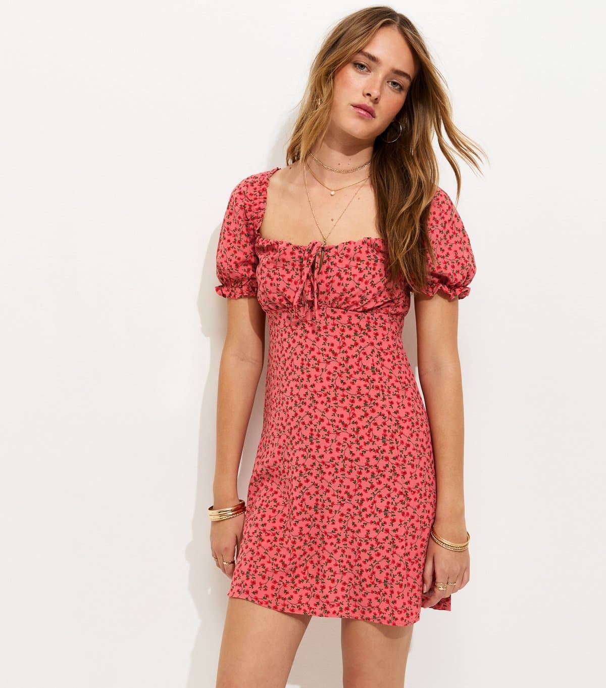 New Look Women's Red Floral Print Milkmaid Mini Dress New Look