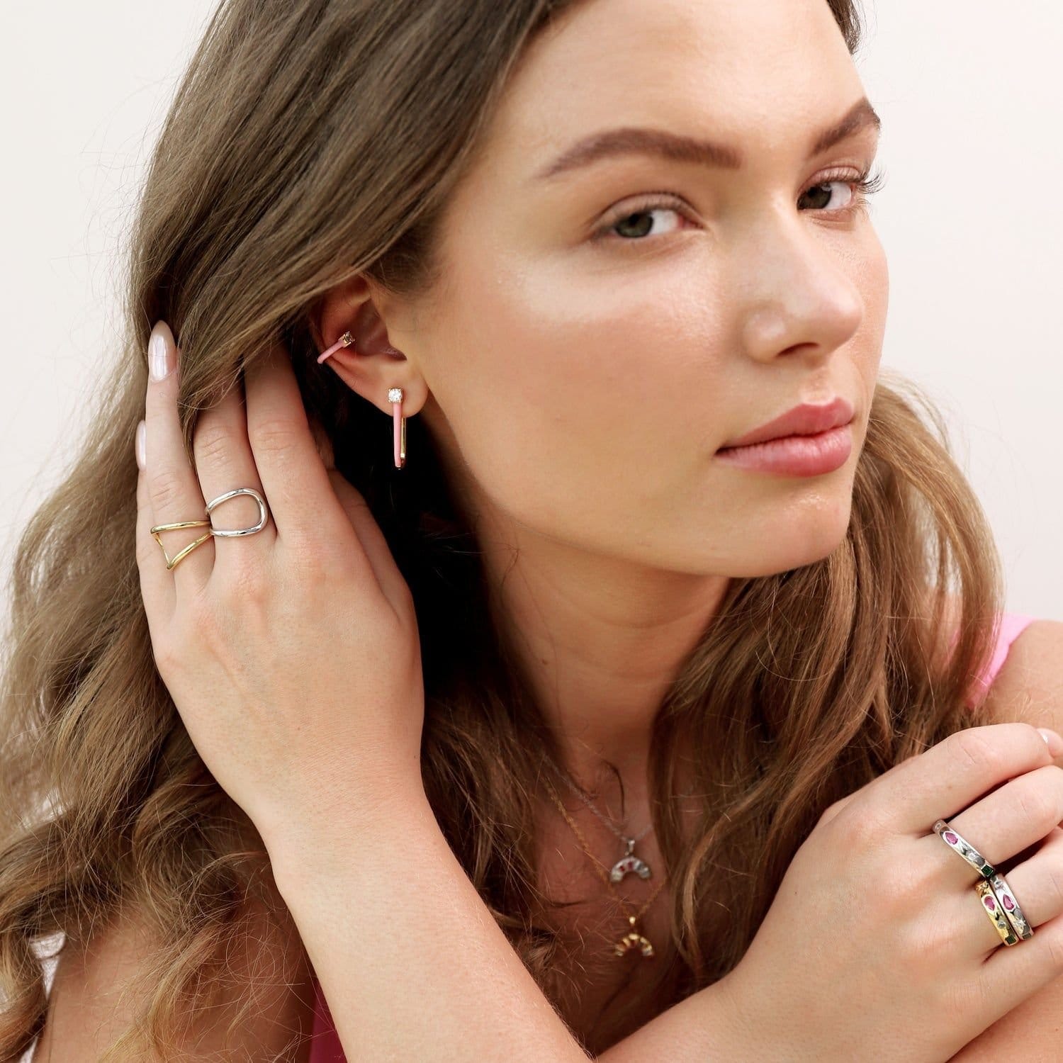 Gold Trip Gold Trip Women's Pink Enamel U Hoop Earrings in Silver - 4
