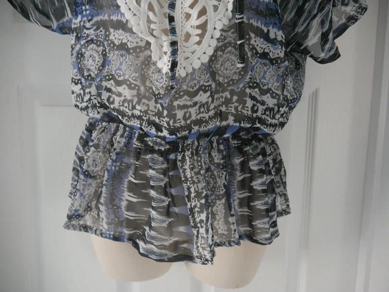 Carbon Carbon Blouse Ladies Size 12 Blue Aztec Crochet Neck Chiffon Top Summer BNWT