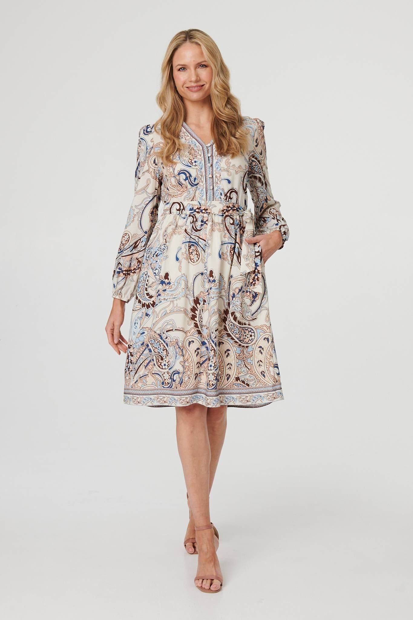 Izabel London Multicolor Abstract Tie Waist Knee-Length Dress