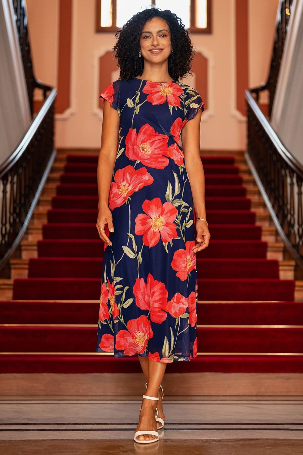 Yumi Yumi Women's Poppy Print Midi Mesh Dress in Navy - 2