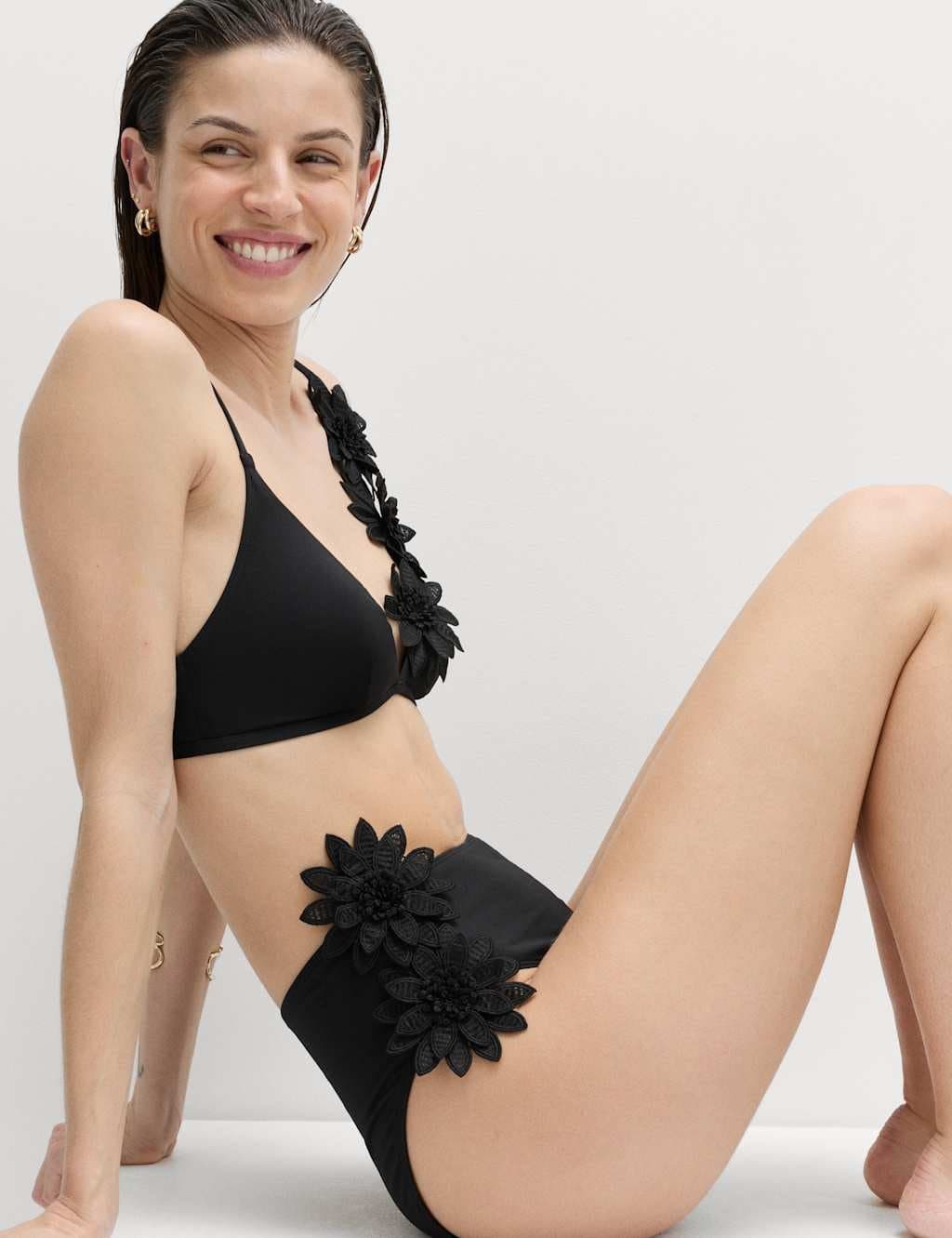 Marks & Spencer M&S Floral Detail High Waisted Bikini Bottoms Black