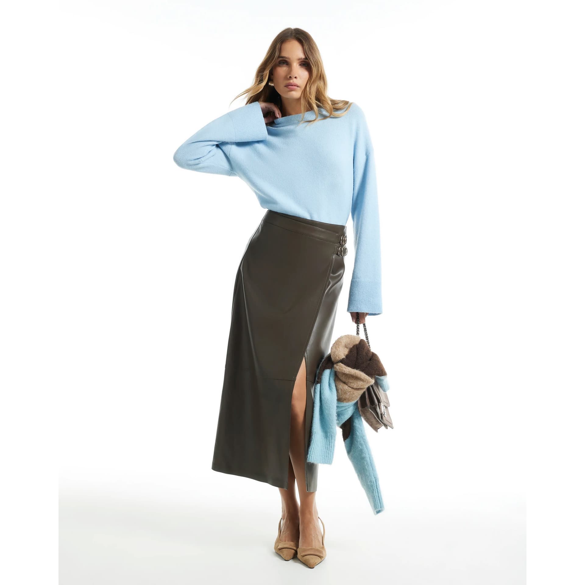 River Island River Island Womens Khaki Faux Leather Buckle Wrap Midi Skirt