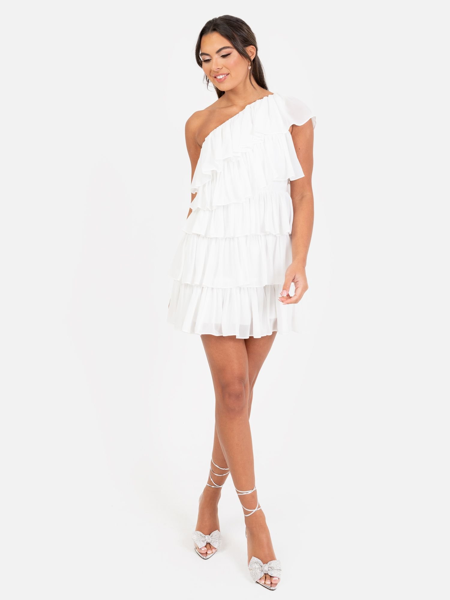 Anaya with Love Anaya with Love Women's One Shoulder Tiered Mini Dress in White - 3