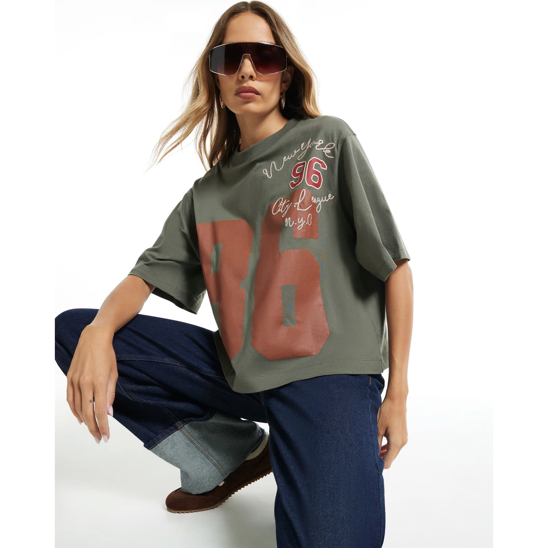 River Island River Island Womens Khaki Varsity Badge T-Shirt
