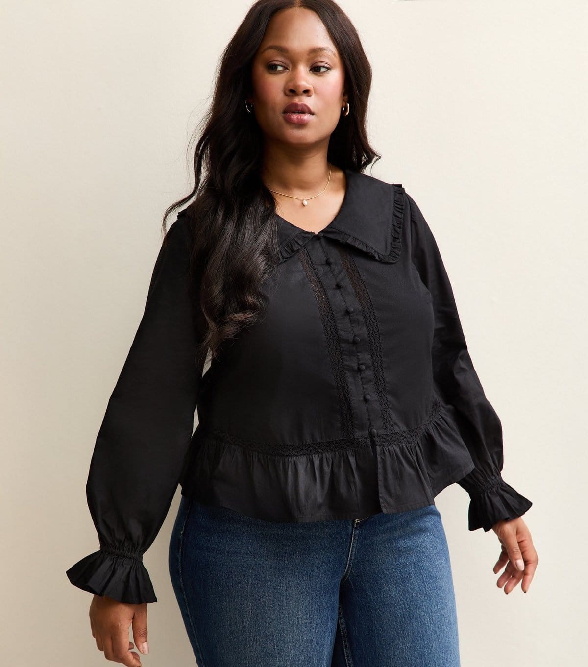 New Look Plus Size Black Lace Insert Frilly Trimmed Blouse