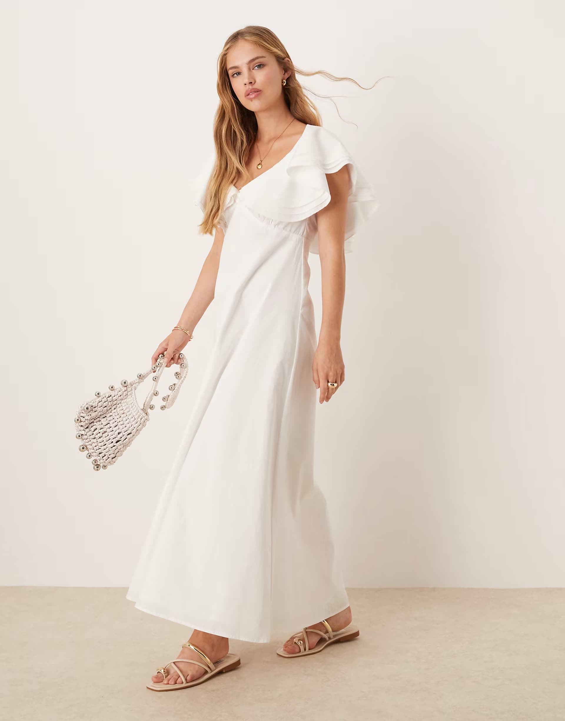 ASOS VRG GRL party nights frill detail linen midi dress in white