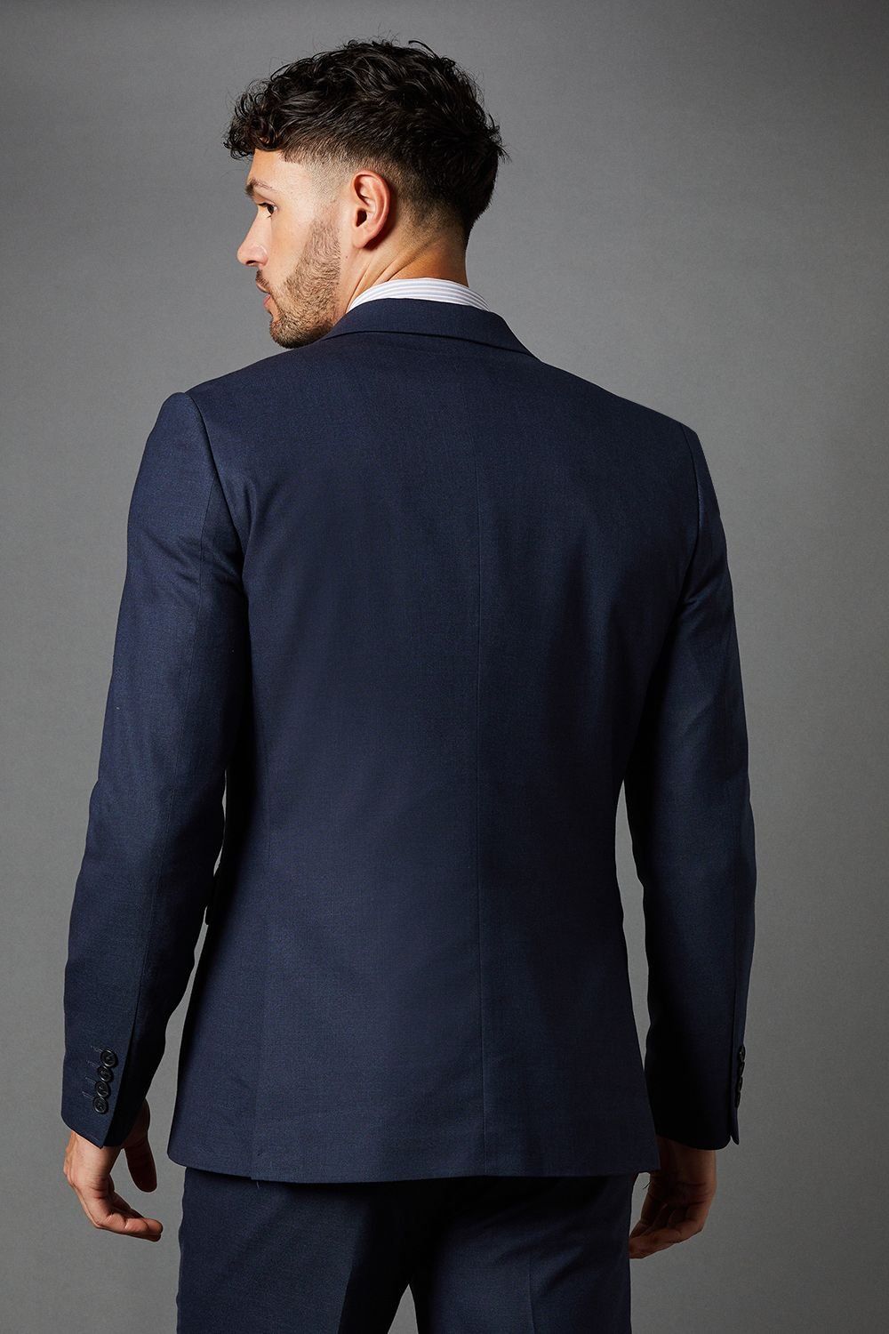 Burton Burton Men's Navy Sharkskin Slim Fit Suit Jacket - 3