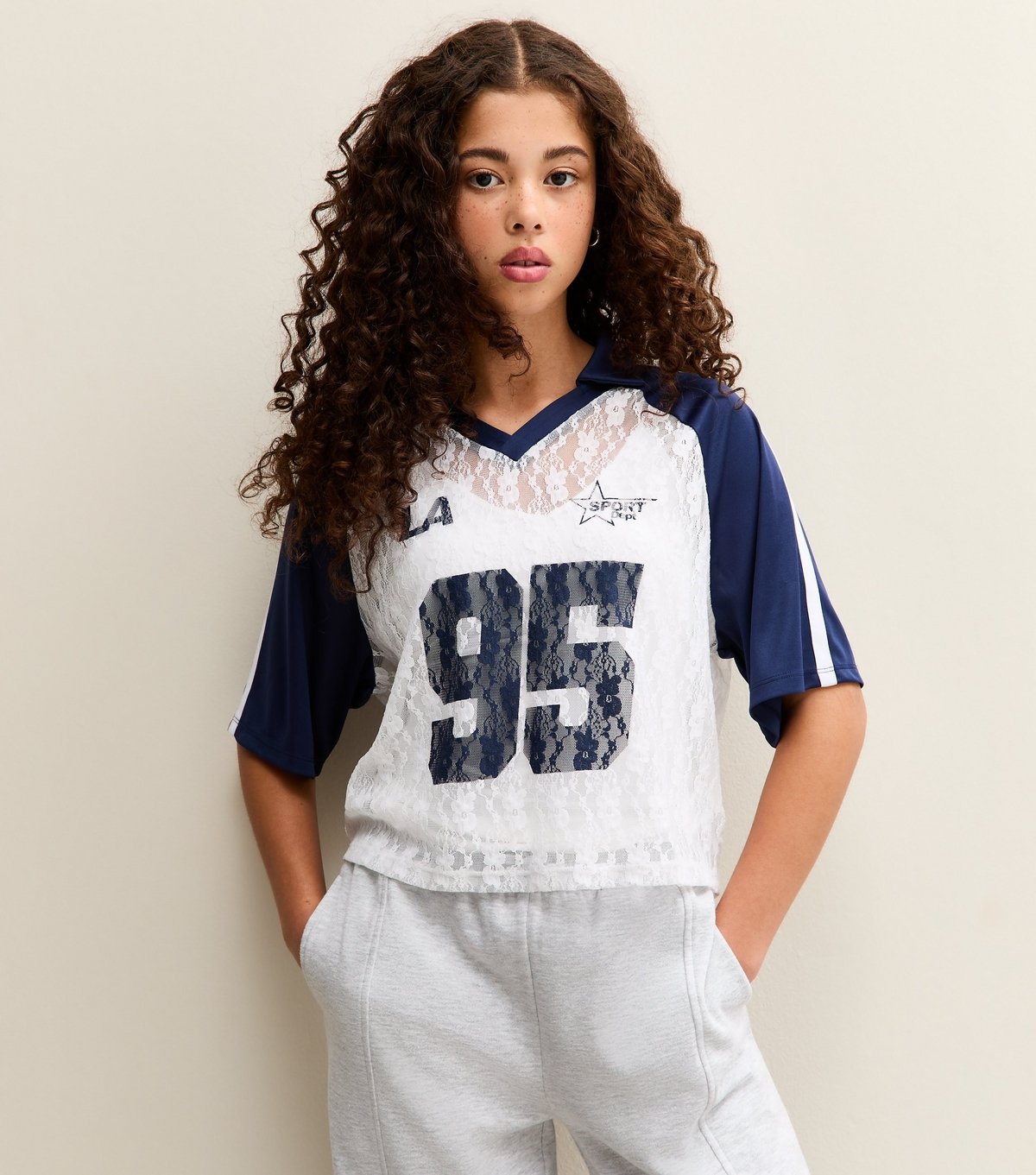 New Look Girls' White 95 LA Lace Stripe Football Top New Look - 2