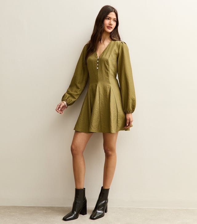 New Look Women's Light Khaki Long Sleeve Godet Mini Dress New Look - 2