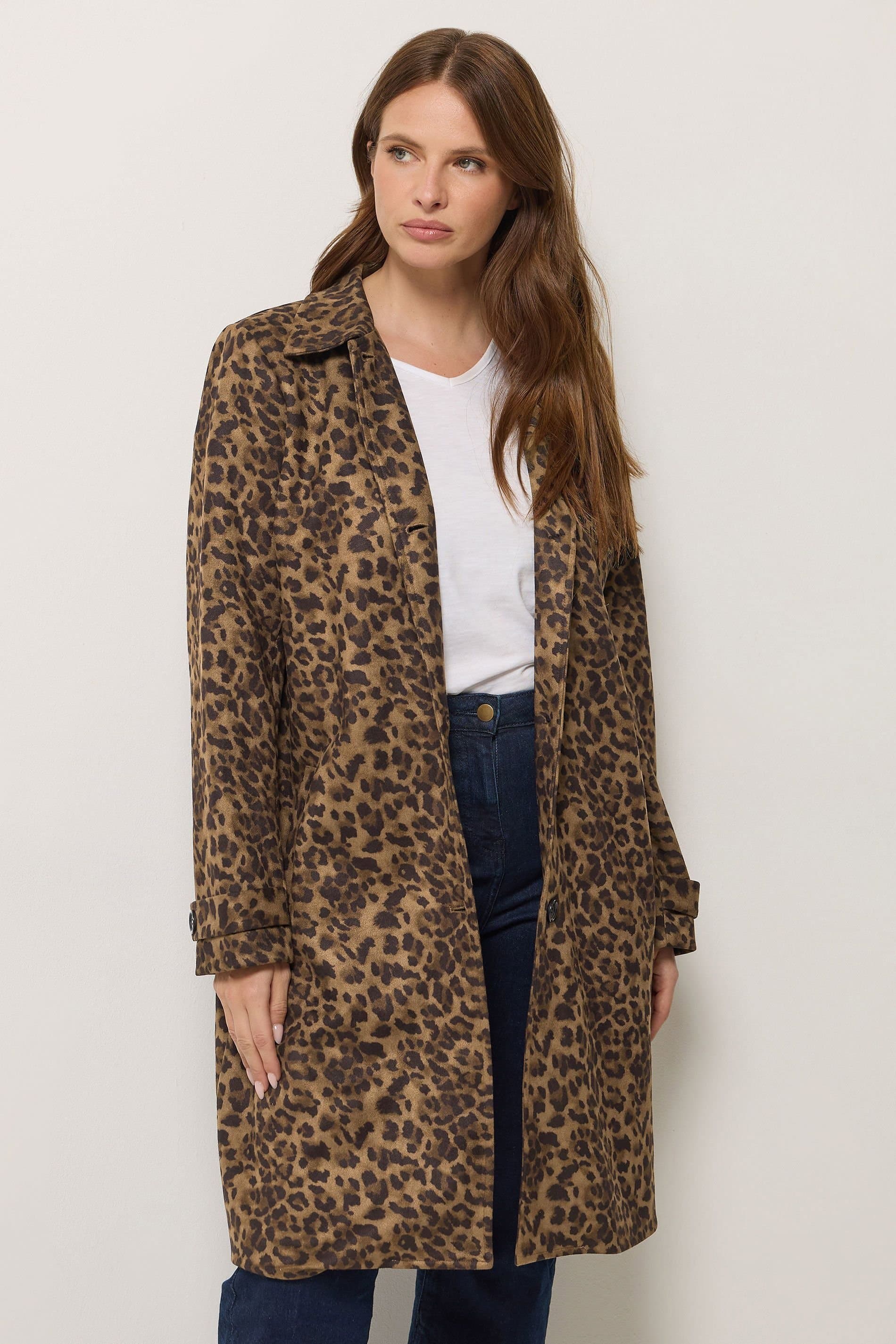 M&Co M&Co Women's Leopard Print Mid Length Tailored Coat in Brown