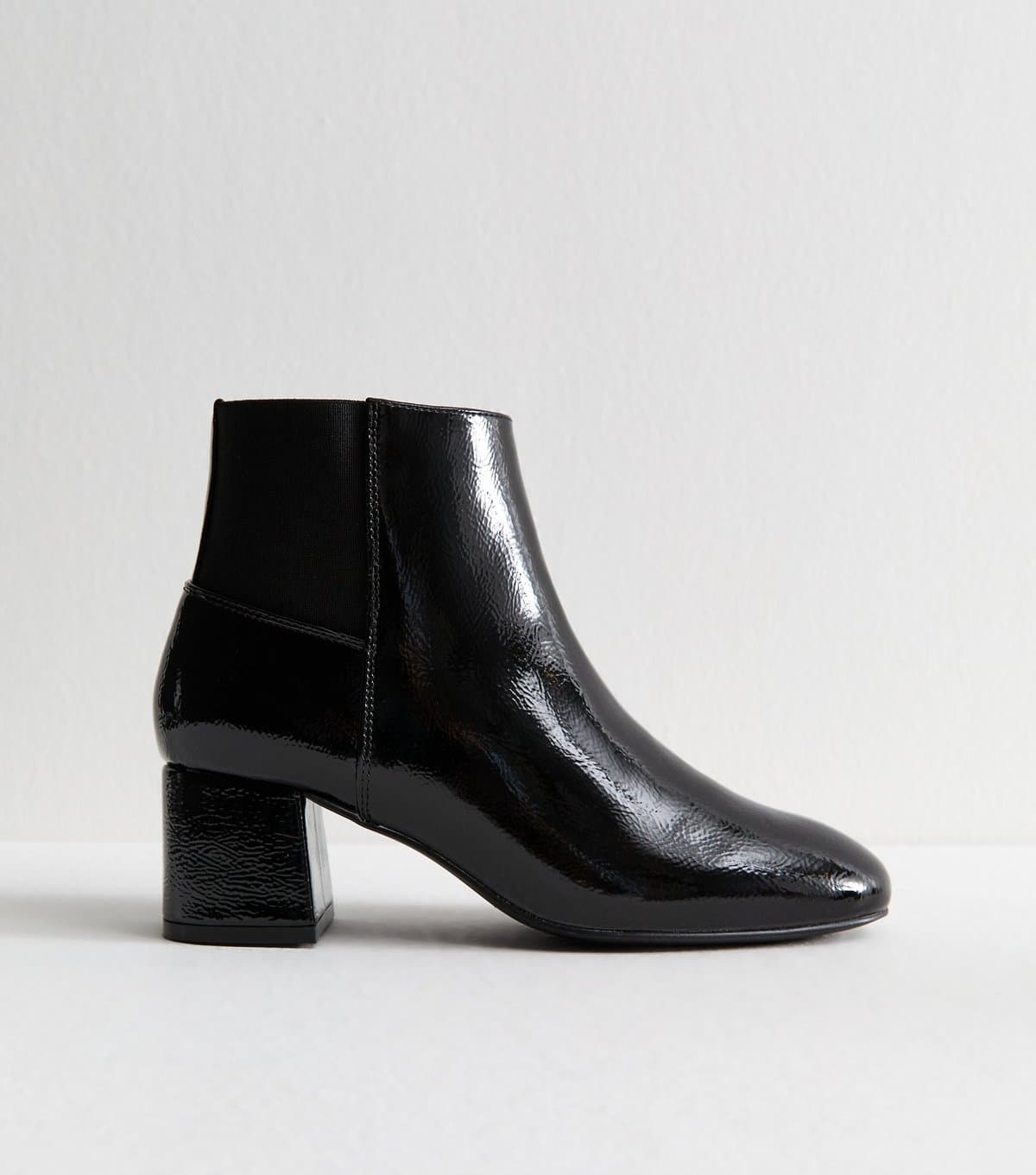 New Look Women's Black Textured Faux Leather Patent Ankle Boots Vegan New Look