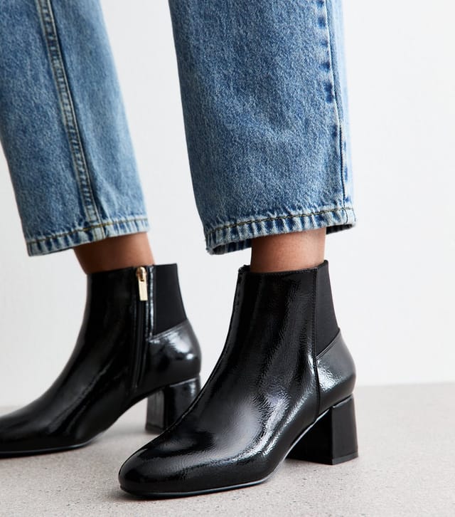 New Look Women's Black Textured Faux Leather Patent Ankle Boots Vegan New Look - 2
