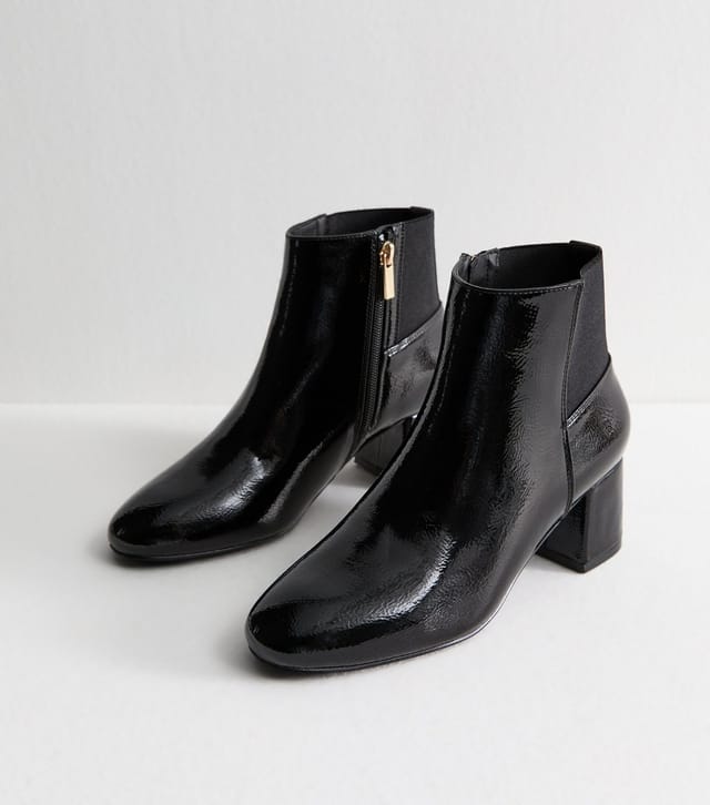 New Look Women's Black Textured Faux Leather Patent Ankle Boots Vegan New Look - 3