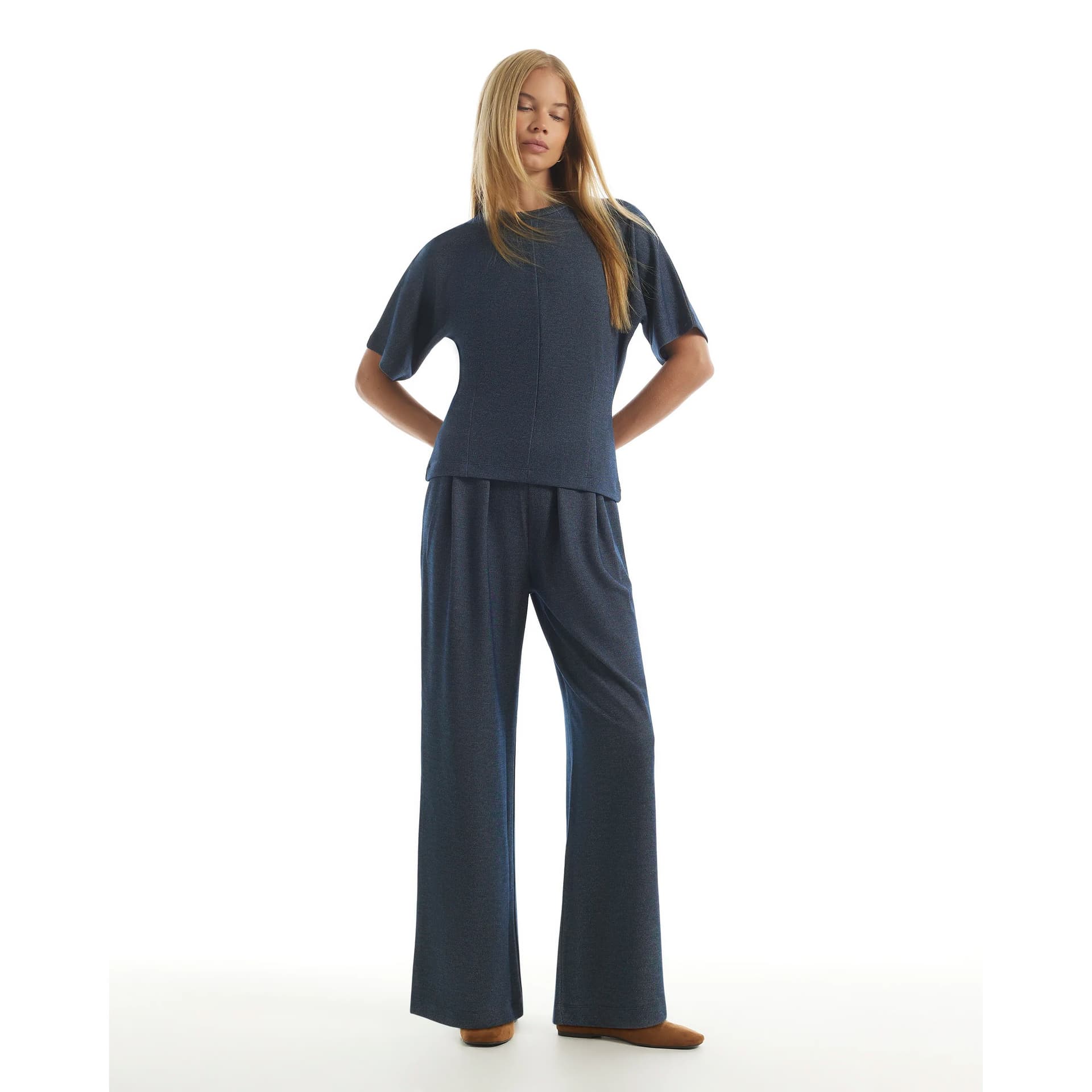 River Island River Island Womens Navy Denim Look Pleated Wide Leg Trousers