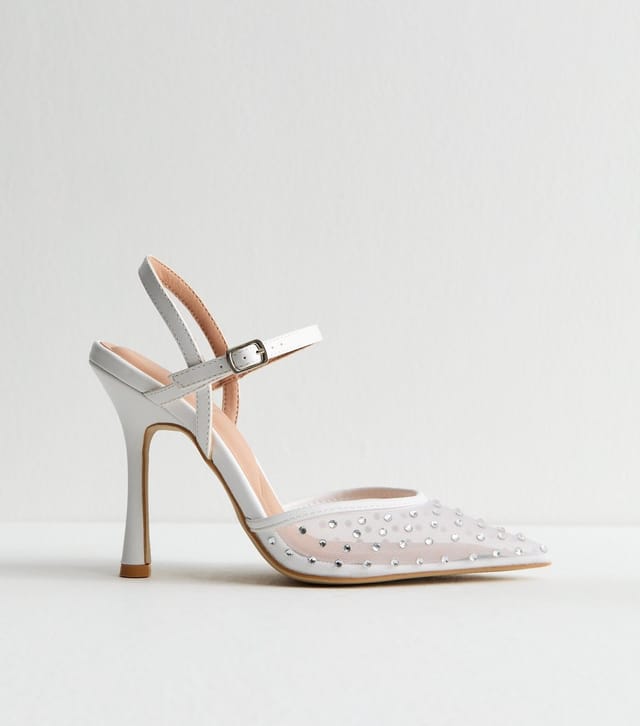 New Look Women's White Diamanté Mesh Stiletto Heel Sandals Vegan New Look - 3