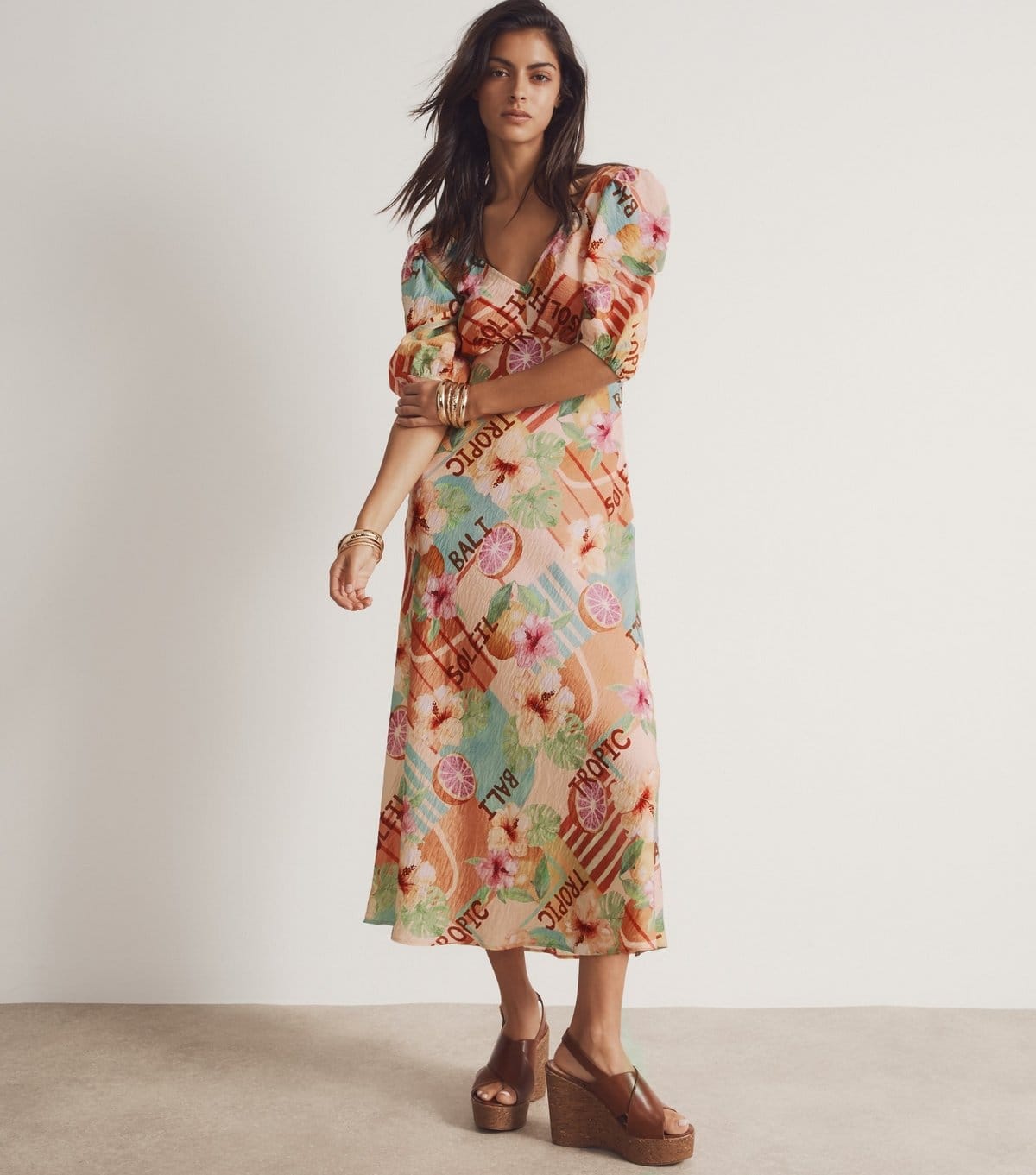 New Look Women's Cream Fruit Print Crinkle Texture Empire Line Midi Dress New Look - 4