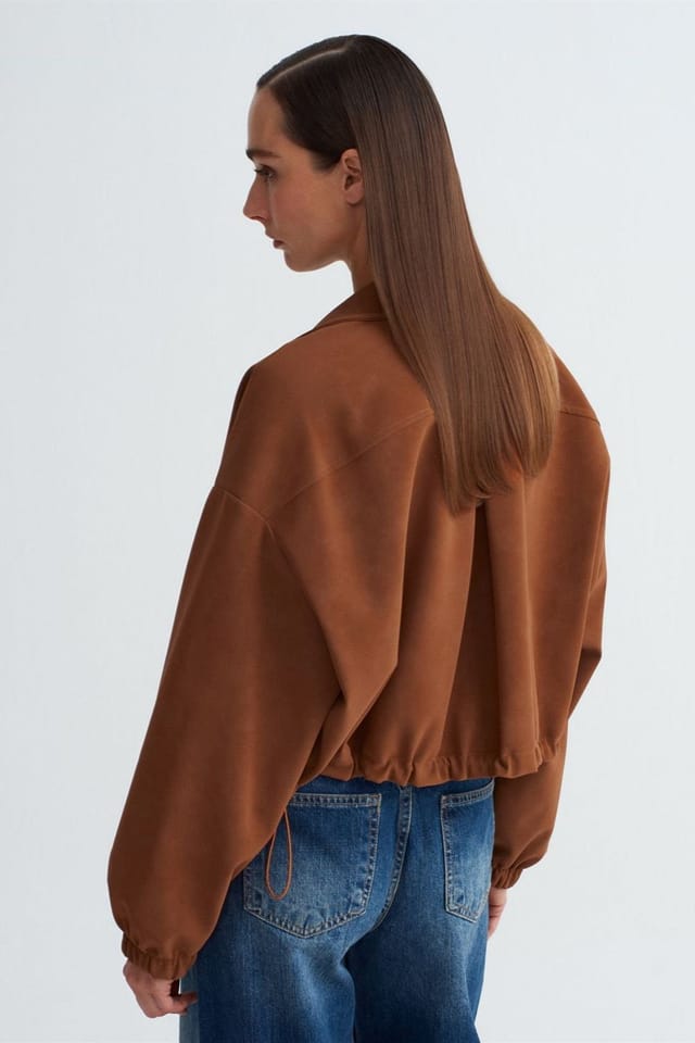 Dilvin Dilvin Women's Oversized Crop Faux Suede Bomber Jacket in Brown - 2
