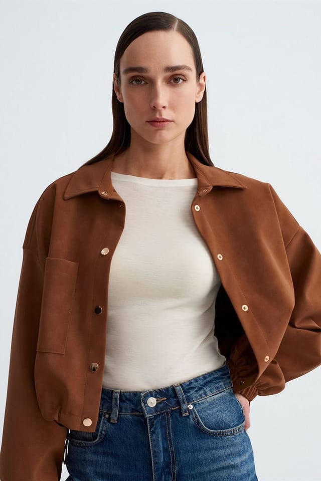 Dilvin Dilvin Women's Oversized Crop Faux Suede Bomber Jacket in Brown - 3