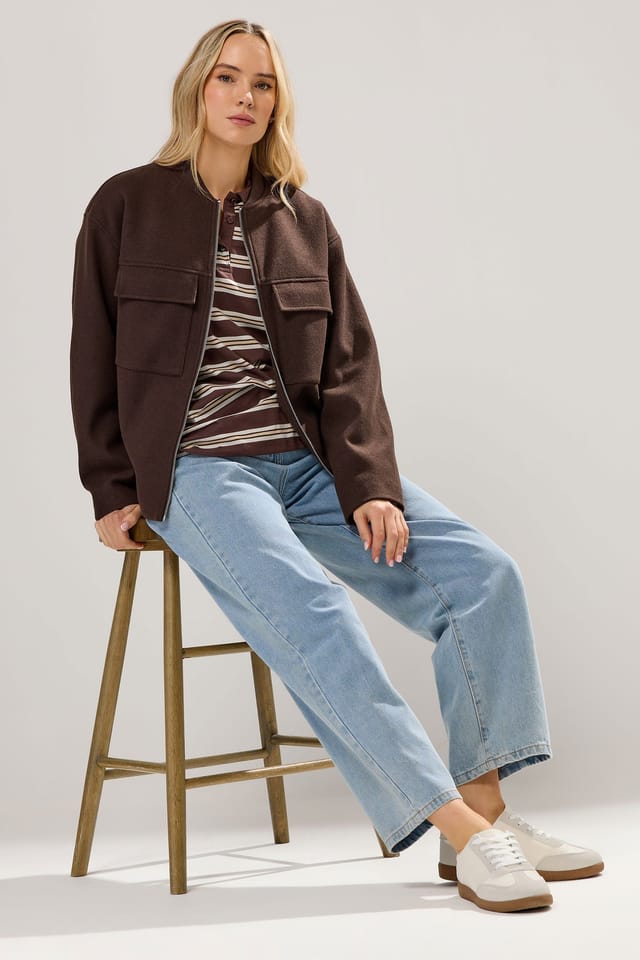 Long Tall Sally Long Tall Sally Women's Tall Brushed Pocket Bomber Jacket in Chocolate - 3