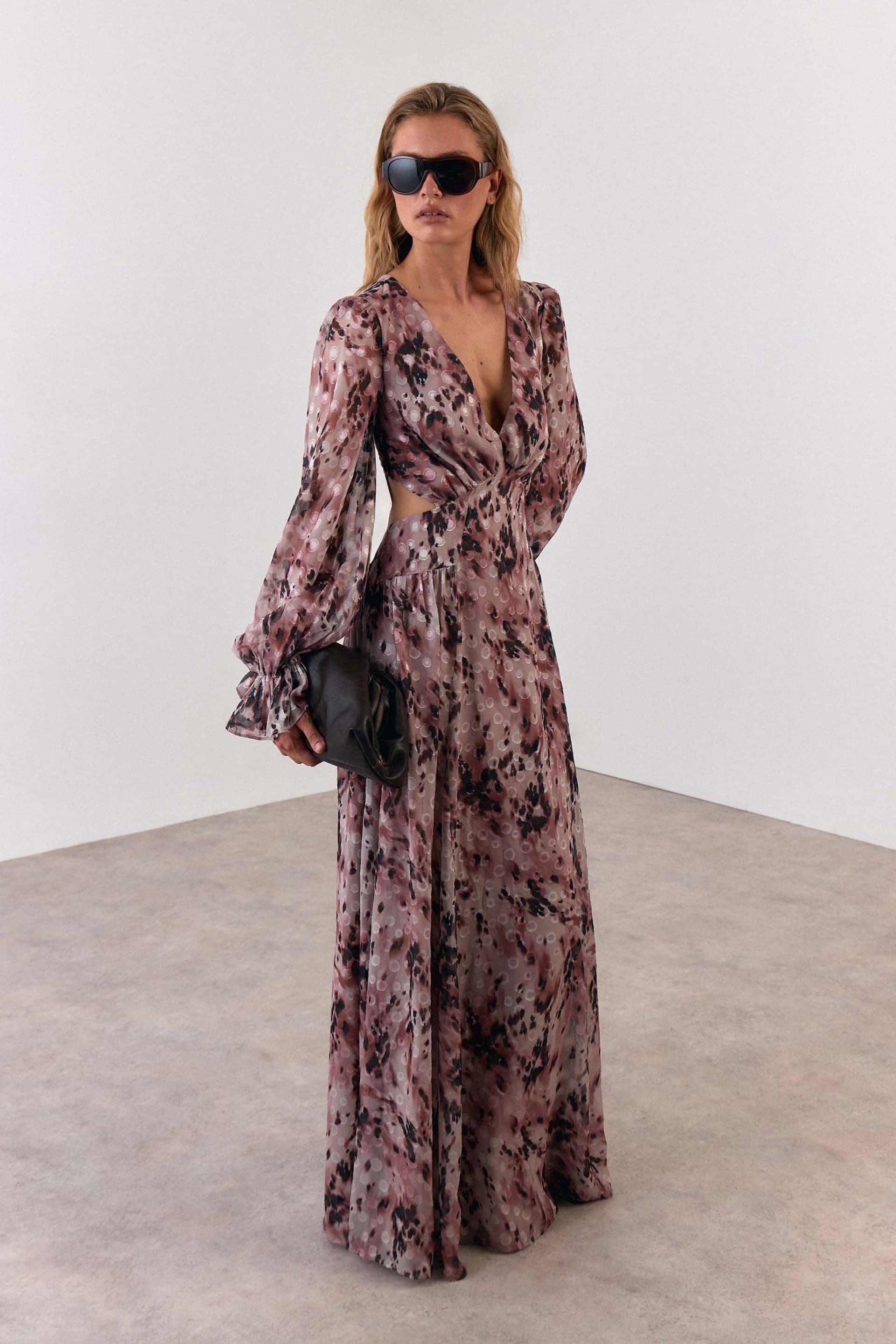 Warehouse Warehouse Women's Premium Burnout Chiffon Animal Maxi Dress in Beige