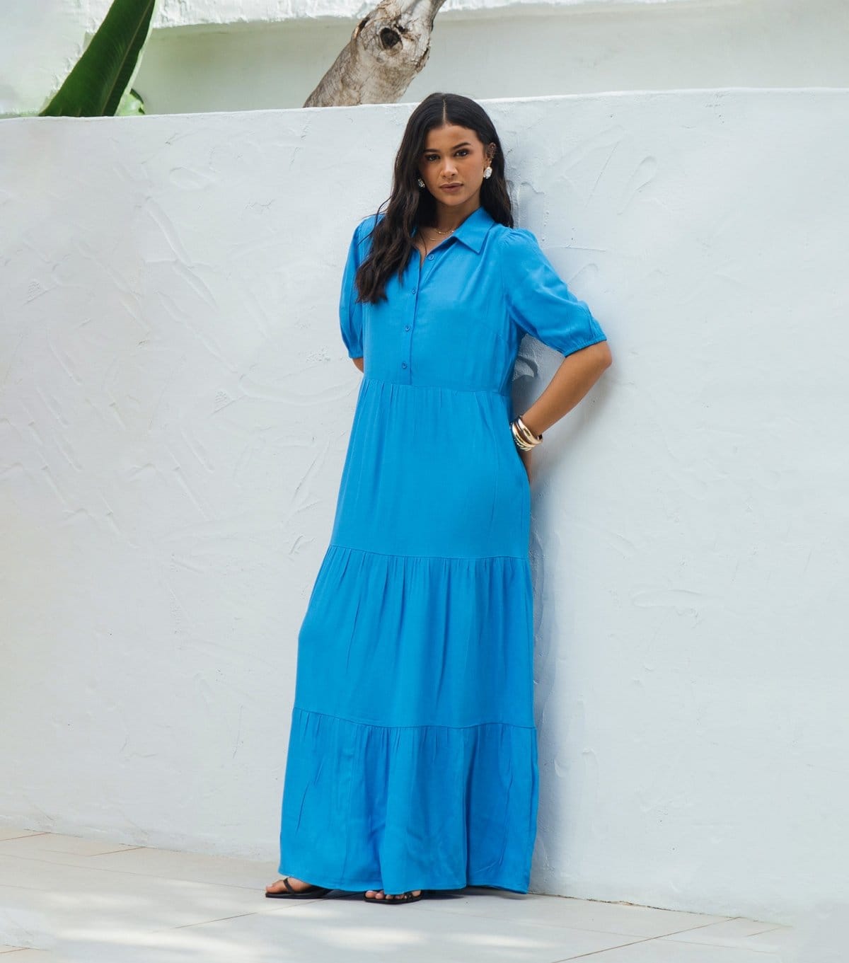 Gini London Bright Blue Woven Collar 3/4 Sleeve Maxi Dress