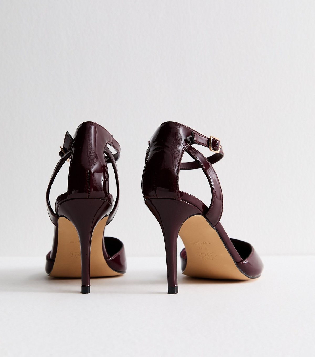 New Look Women's Wide Fit Dark Burgundy Faux Patent Leather Pointed Toe Ankle Strap Pumps Vegan New Look - 4